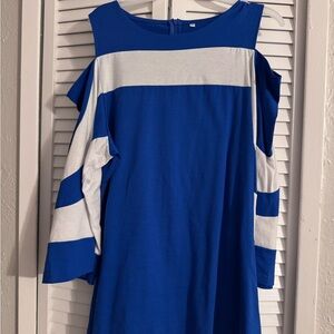 Blue and White Cold Shoulder Tunic Too